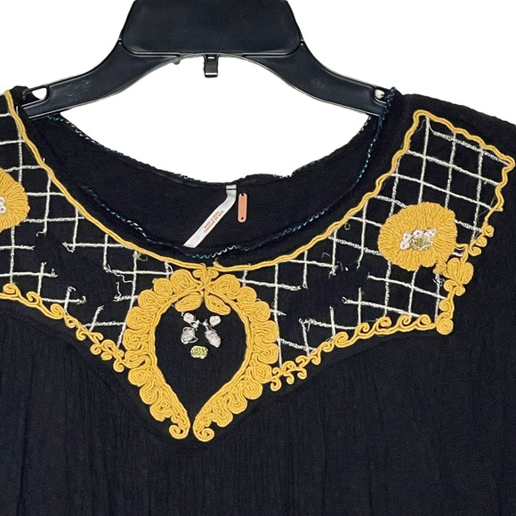 Free People Womens Top Size XS Black Yellow Floral‎ Blouse Cotton Linen Blend - Picture 2 of 4